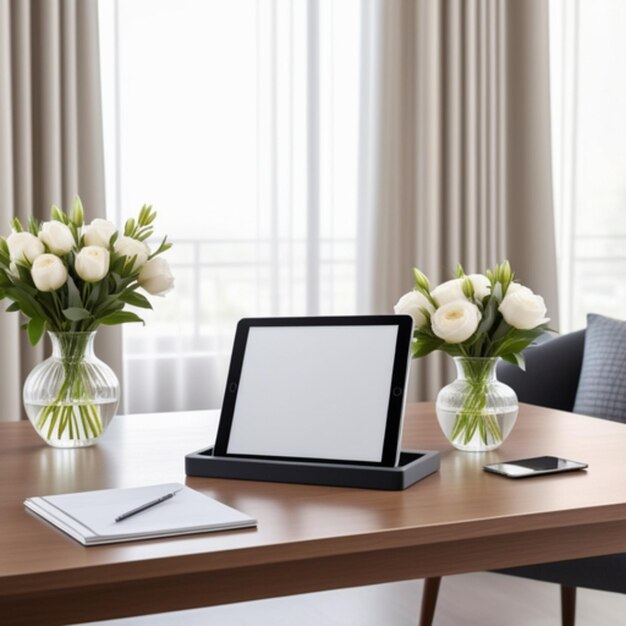 Mockup van een tablet scherm op een tafel met bloemen in een vaas