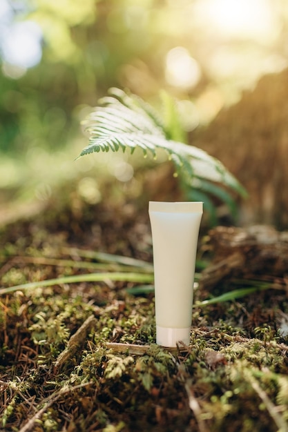 Mockup van een tube voor room op een natuurlijke achtergrond in het bos, een milieuvriendelijk product