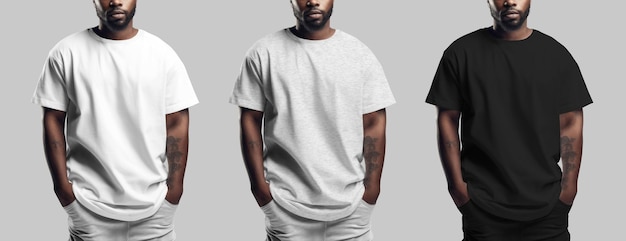 Mockup van een wit gemêleerd zwart t-shirt op een Afro-Amerikaanse man, kleding op een brutale, bebaarde man Doek aan de voorkant Mannelijke kledingsjabloon Shirt is geïsoleerde productfotografie Generatieve AI