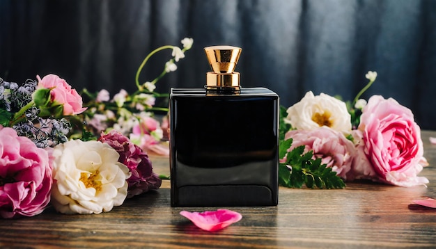Mockup van een zwarte glazen parfumfles met prachtige bloemen op tafel Bloemgeur