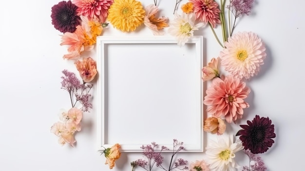 Mockup van fotolijst versierd met lentebloemen schone ruimte voor tekst op witte achtergrond