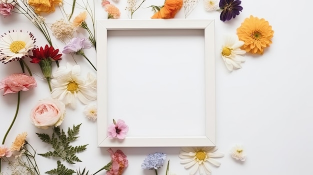 Mockup van fotolijst versierd met lentebloemen schone ruimte voor tekst op witte achtergrond