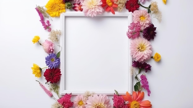 Mockup van fotolijst versierd met lentebloemen schone ruimte voor tekst op witte achtergrond