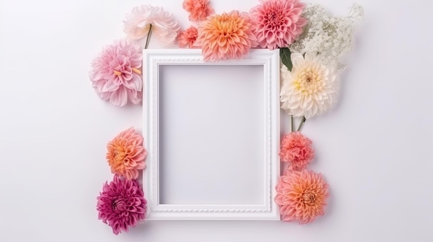 Mockup van fotolijst versierd met lentebloemen schone ruimte voor tekst op witte achtergrond