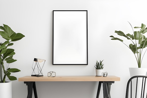 Mockup van frame aan een muur met een tafelbureau en planten