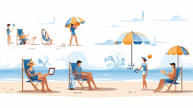 mockup van gebruikers die activiteiten op het strand doen, zoals zonnebaden en beachvolleybal