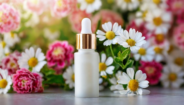 Mockup van glas wit cosmetisch serum fles bloeiende bloemen Natuurlijk huidverzorgingsproduct