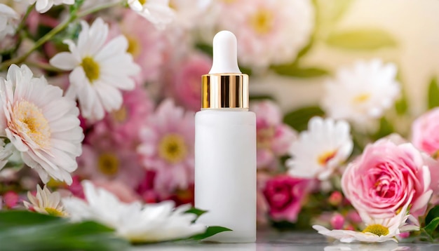 Mockup van glas wit cosmetisch serum fles bloeiende bloemen Natuurlijk huidverzorgingsproduct