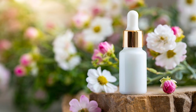 Mockup van glas wit cosmetisch serum fles bloeiende bloemen Natuurlijk huidverzorgingsproduct