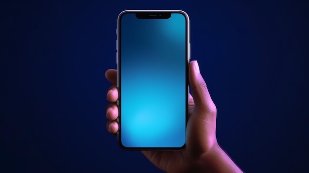 Mockup van hand met smartphone met een leeg blauw scherm app display mockup