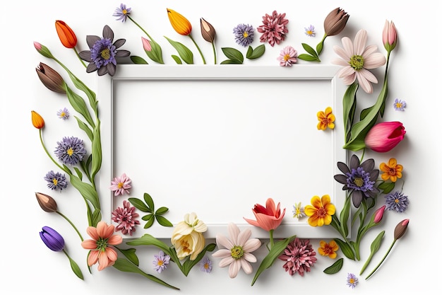 Mockup van kleurrijke lente bloemen kleur frame op witte backgroundAI generatieve