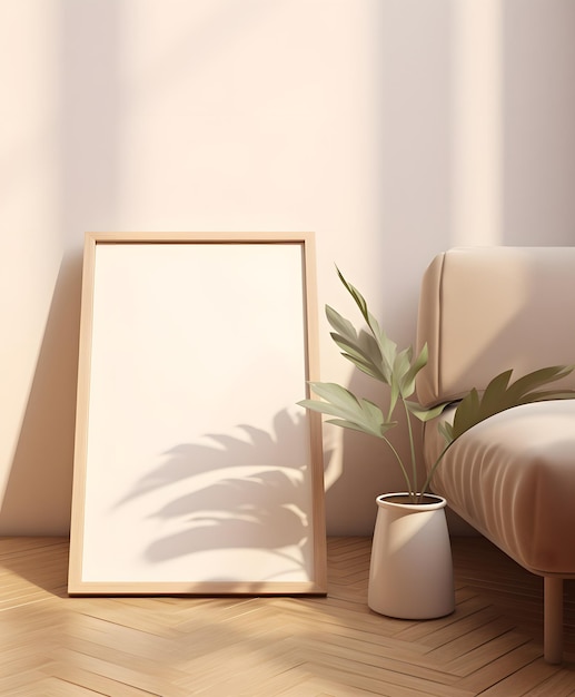 Mockup van leeg frame poster canvas sjabloon met gedroogde planten in pot interieur 3D-rendering