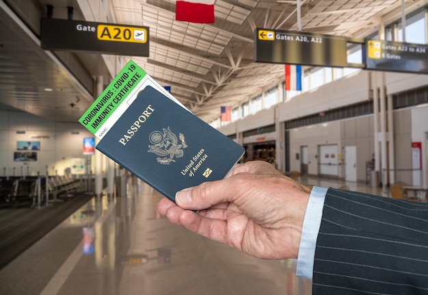 Mockup van luchthaventerminal met zakenmanhand met paspoort en immuniteitscertificaat tegen coronavirus