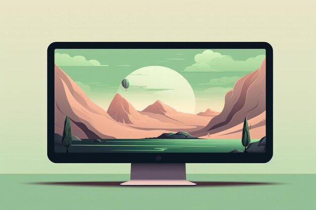 Foto mockup van pc met illustratie in eenvoudige pastelkleuren werkplek generative ai