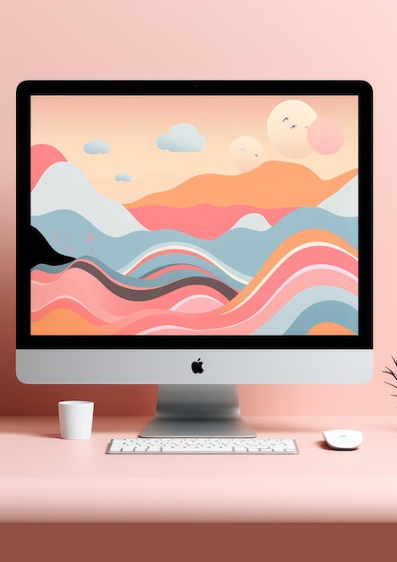 Foto mockup van pc met illustratie in eenvoudige pastelkleuren werkplek generative ai