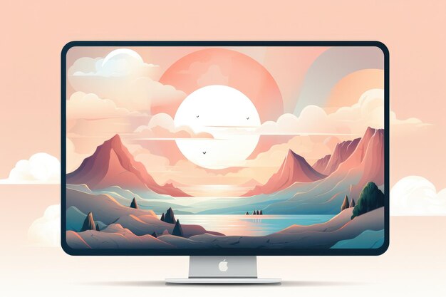 Foto mockup van pc met illustratie in eenvoudige pastelkleuren werkplek generative ai