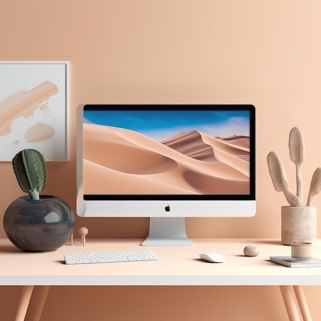 Mockup van pc- of laptopscherm bevat een illustratie van lichte kleurpastel Generatieve ai