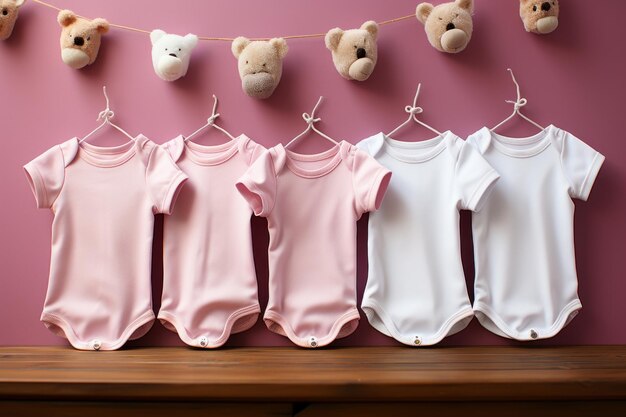 Mockup van roze baby bodysuits op roze achtergrond Blanke baby kleding sjabloon