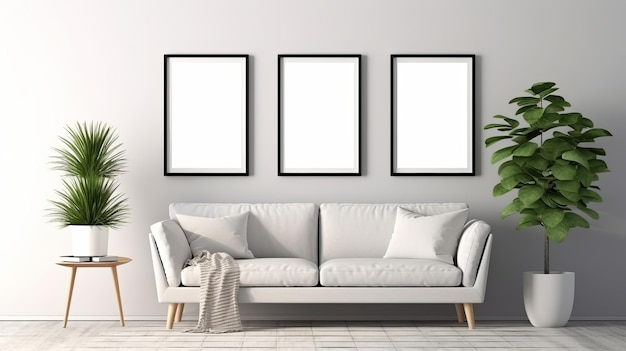 Mockup van schilderijen op een lichte muur boven de bank