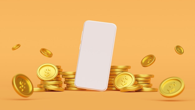 Mockup van smartphone omgeven door gouden munten, 3d-rendering
