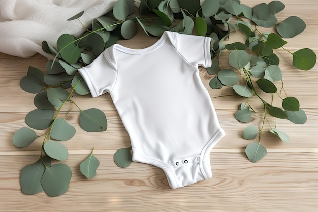 Foto mockup van wit babybodysuit-shirt met eucalyptus