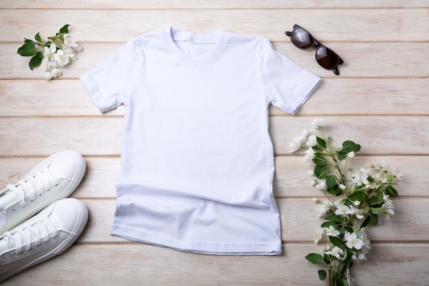 Mockup van wit katoenen T-shirt voor dames met sneakers, zonnebril en appelbloesem. Ontwerp t-shirt sjabloon, tee print presentatie mock up