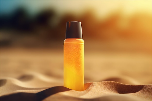 Mockup van zonnebrandlotion fles op een zandstrand bescherming van de huid tijdens een zomervakantie