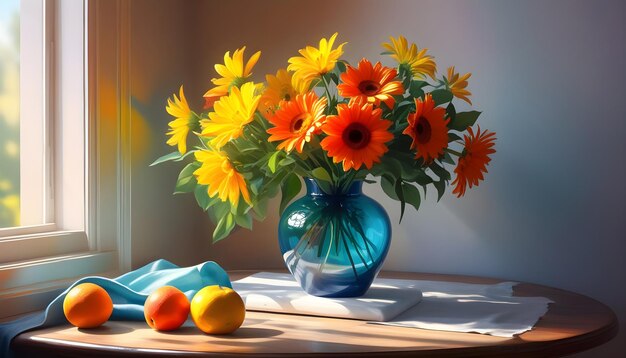 Photo mockup a vase with flowers and oranges on a table