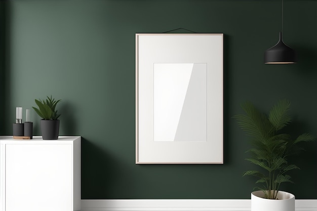 Mockup verlichte wissellijst op minimalistische interieurachtergrond met donkergroene muur Generatieve AI