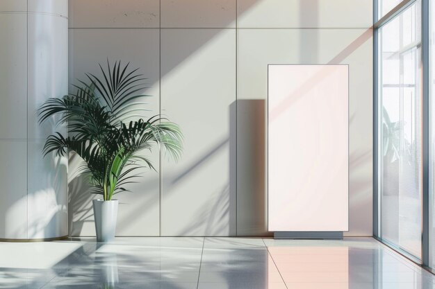 Mockup of a vertical billboard in the office lobby against the background of light walls