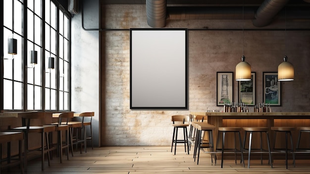 Mockup of vertical empty poster in Loft bar interior Generative AI