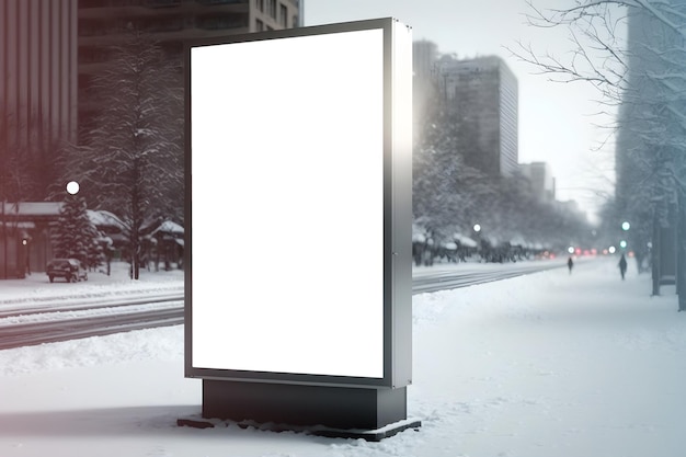 Mockup vertical glowing advertising banner on city street in winter