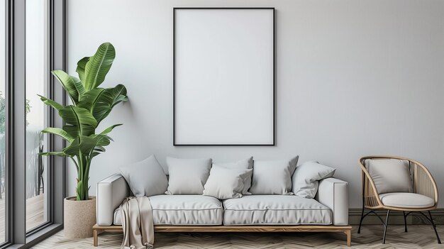 Mockup vertical poster frame in scandinavian style living room interior modern living room interior background white sofa and house plant chair