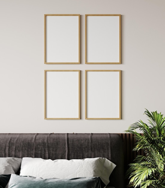 Mockup vier poster frames op de beige muur in de slaapkamer met gezellig bed en plant 3d render 3d illustratie