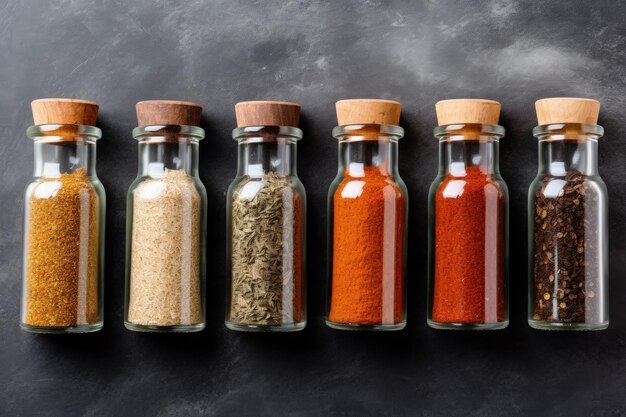 Photo mockup view of glass bottles with salted spices for cooking on a stone background