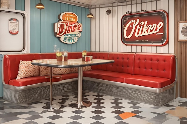 Foto un modello di un salotto vintage ispirato a un ristorante con cabine retro e segnaletica