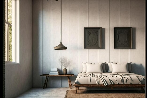 Мокет стены в интерьере спальни в стиле фермерского дома 3D-рендер