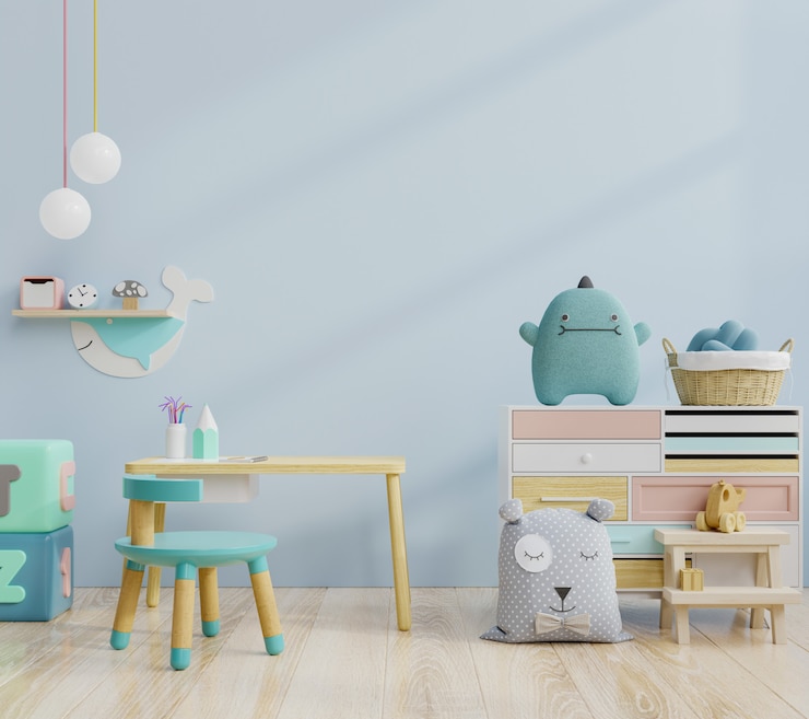 Photo 子供の部屋の壁の青い色のモックアップ壁