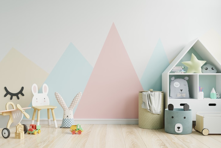 Photo mockup wall in the children's room on wall in pastel colours