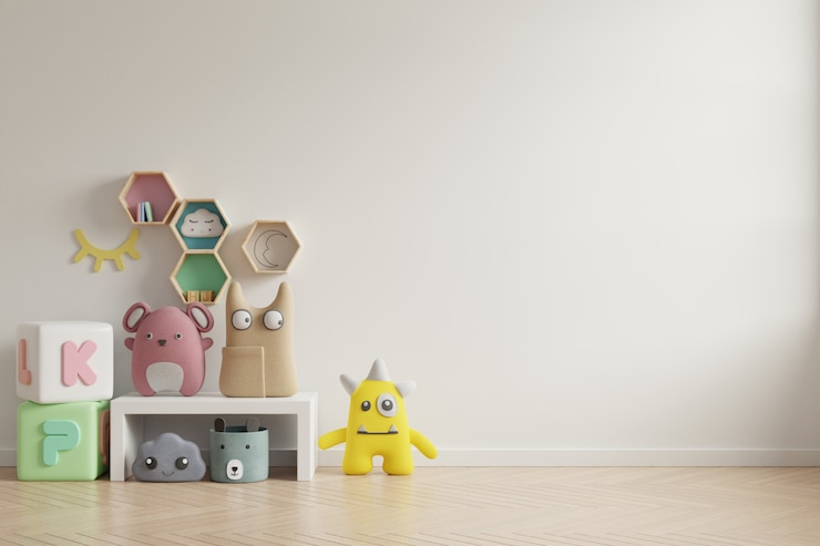 Photo mockup wall in the children's room on wall white colors background.