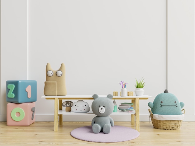 Mockup of wall in a children's room with doll on light white backdrop.3D rendering