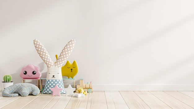 Mockup wall in the children's room with doll in light white color wall background,3d rendering