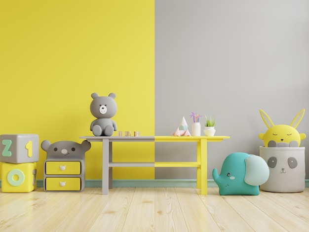 Mockup di parete nella stanza dei bambini su sfondo giallo illuminante e ultimo muro grigio rendering 3d