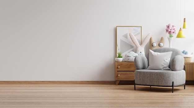 Mockup wall in the children39s room with gray armchair on light white color wall