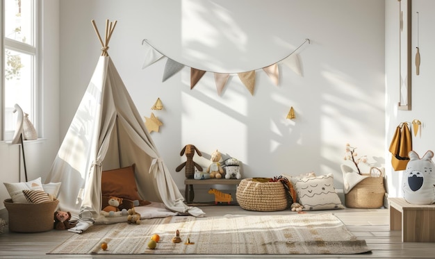 Mockup wall in the childrens room on white wall background Scandinavian style children room