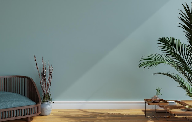 青い壁のコピースペース3Dレンダリングとモックアップ壁のデザインの椅子と植物