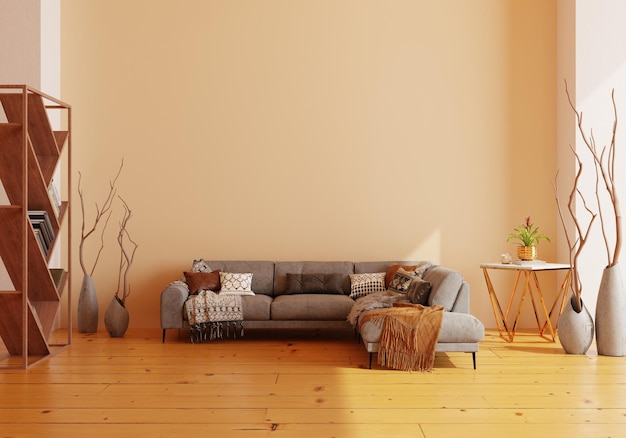 Mockup wall design chair and plants with blue wall copy space 3D rendering