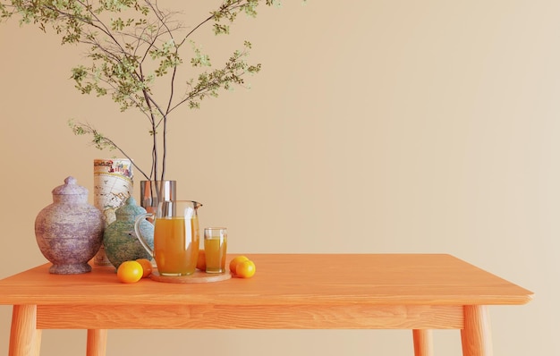 Mockup wall design chair and plants with blue wall copy space 3D rendering