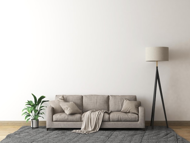 mockup wall in living room with sofa pillow blanket plant gray carpet and floor lamp