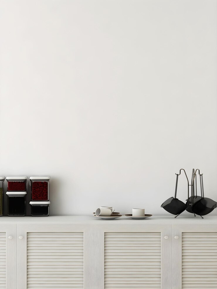 Mockup wall with cabinet and objects blue painted wall and 2 black hanging lamp